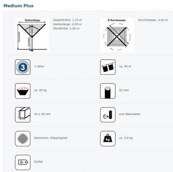 Blome Wäschespinne Medium Plus, Wäscheschirm, 60 m Leinenlänge, inkl. Bodenhülse